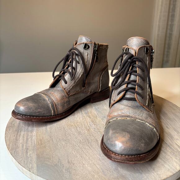 Bed Stu Bonnie Gray Brown Distressed Leather Lace Up Zip Ankle Boots Women’s 9.5 - Picture 3 of 12